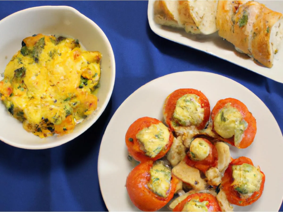 Four Cheese Stuffed Tomatoes, Penne Pesto and Dinner Rolls