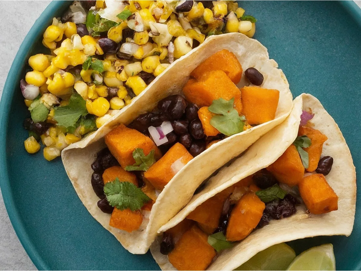 Vegan Chipotle Lime Sweet Potato Tacos with Corn Salsa and Roasted Corn Salad