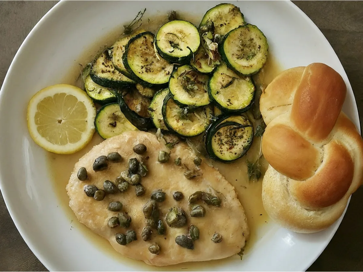 Chicken Piccata With Rosemary Zucchini and a Garlic Knot Chicken Piccata With Rosemary Zucchini and a Garlic Knot