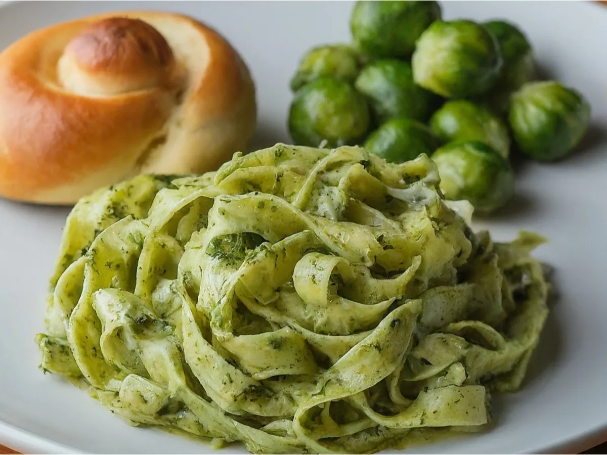 Fettuccine Al Pesto With Brussels Sprouts and a Garlic Knot Fettuccine Al Pesto With Brussels Sprouts and a Garlic Knot