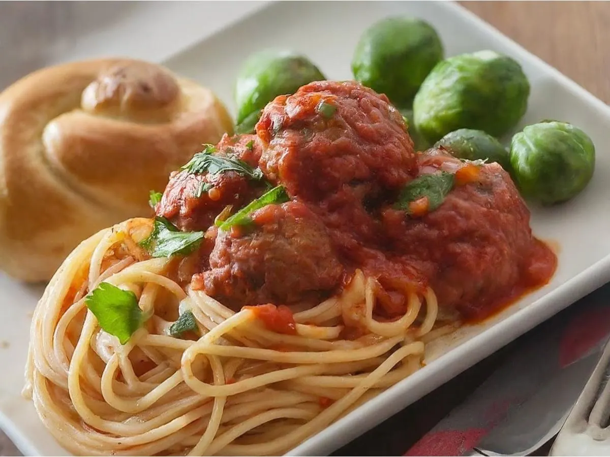 Meatballs Spaghetti With Brussels Sprouts and a Garlic Knot Meatballs Spaghetti With Brussels Sprouts and a Garlic Knot