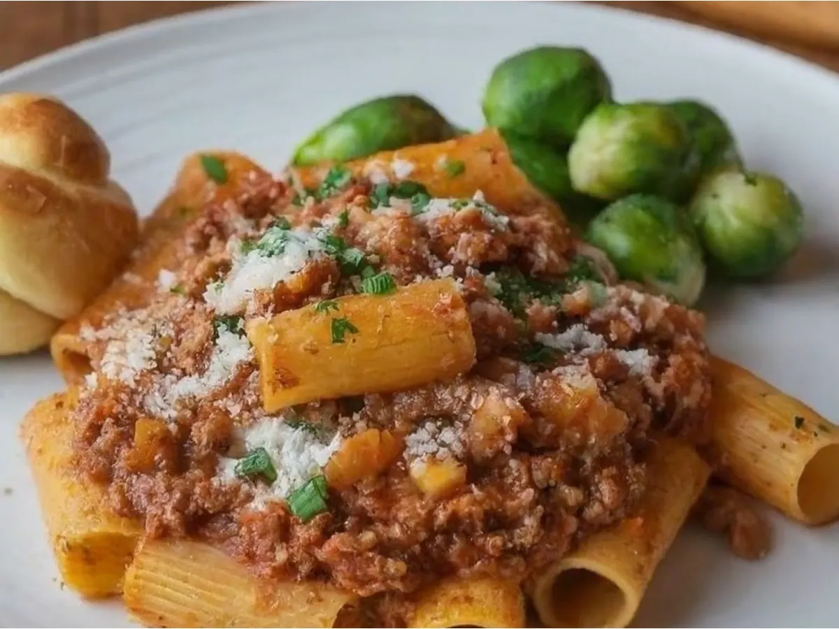 Rigatoni Bolognese With Brussels Sprouts and a Garlic Knot Rigatoni Bolognese With Brussels Sprouts and a Garlic Knot