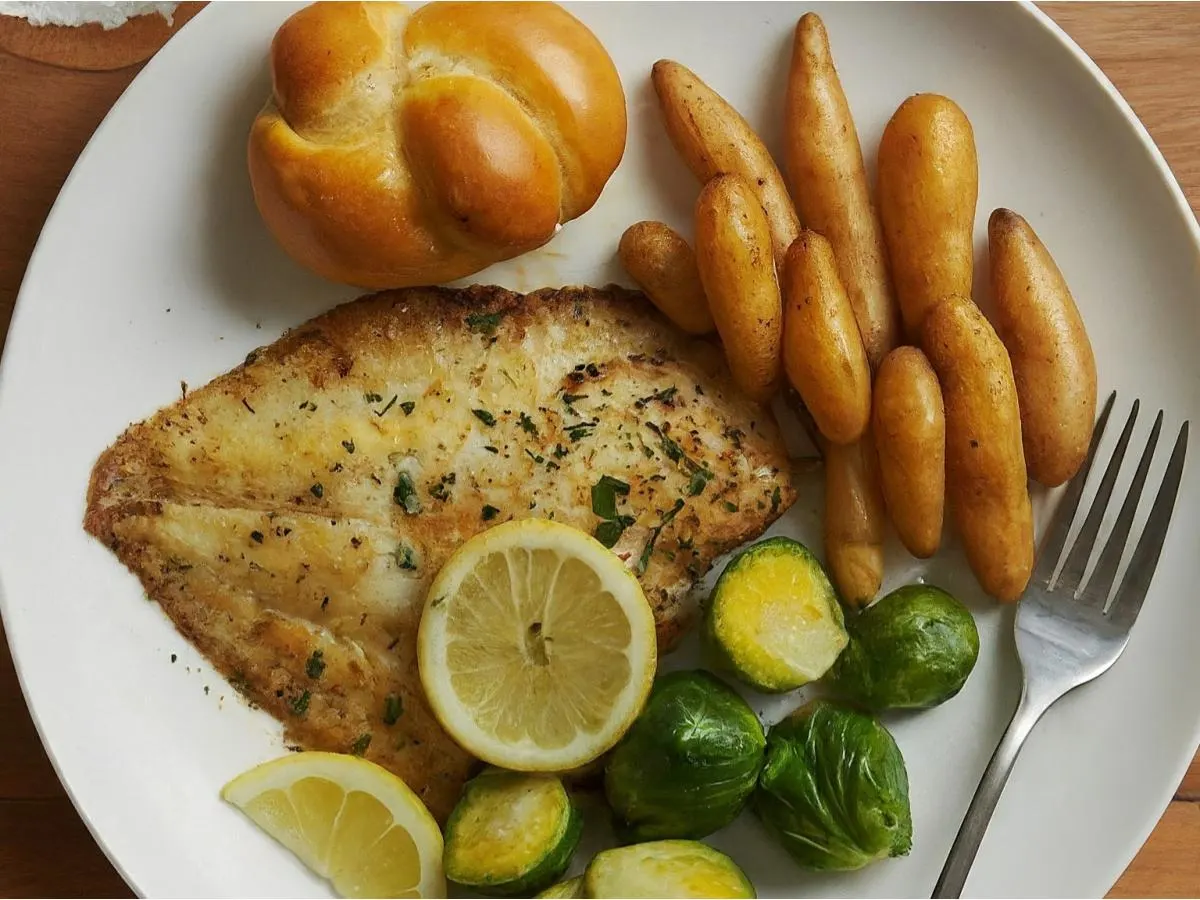 Roasted Flounder With Fingerling Potatoes, Brussels Sprouts and a Garlic Knot Roasted Flounder With Fingerling Potatoes, Brussels Sprouts and a Garlic Knot