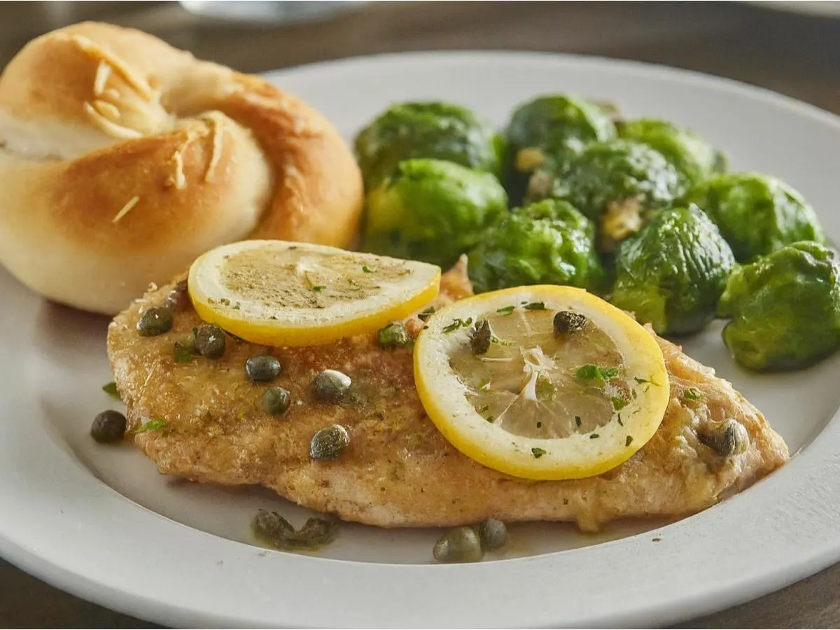 Chicken Piccata With Brussels Sprouts and a Garlic Knot Chicken Piccata With Brussels Sprouts and a Garlic Knot