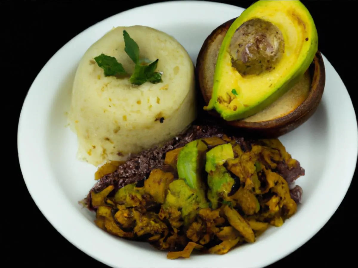 Vegan Mofongo with a Side of White Rice and Red Beans with Sliced Avocado [16oz]