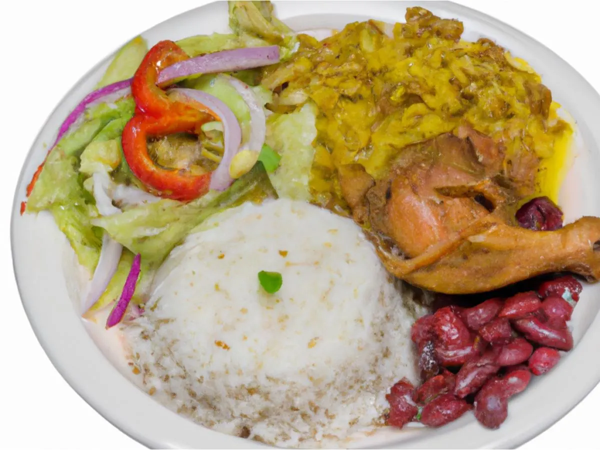 Pollo Guisado Meal with White Rice and Beans and a Side Salad [16oz]