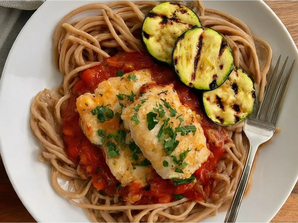 White Fish with Marinara Sauce, Gluten Free Spaghetti & Lemon Garlic Zucchini (Gluten Free and Dairy Free)