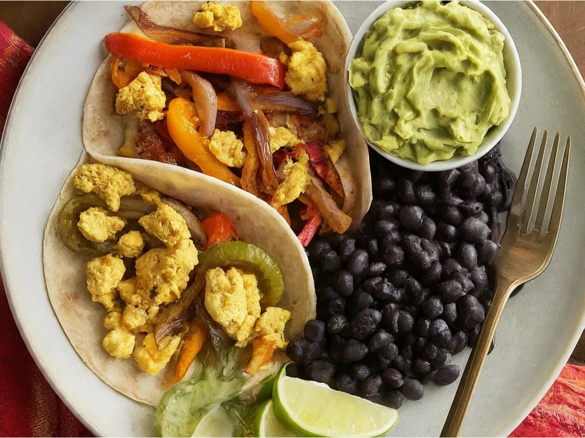 Dual Protein - Veggie Fajita and Scrambled Tofu Tacos w/rice & black beans Dual Protein - Veggie Fajita and Scrambled Tofu Tacos w/rice & black beans