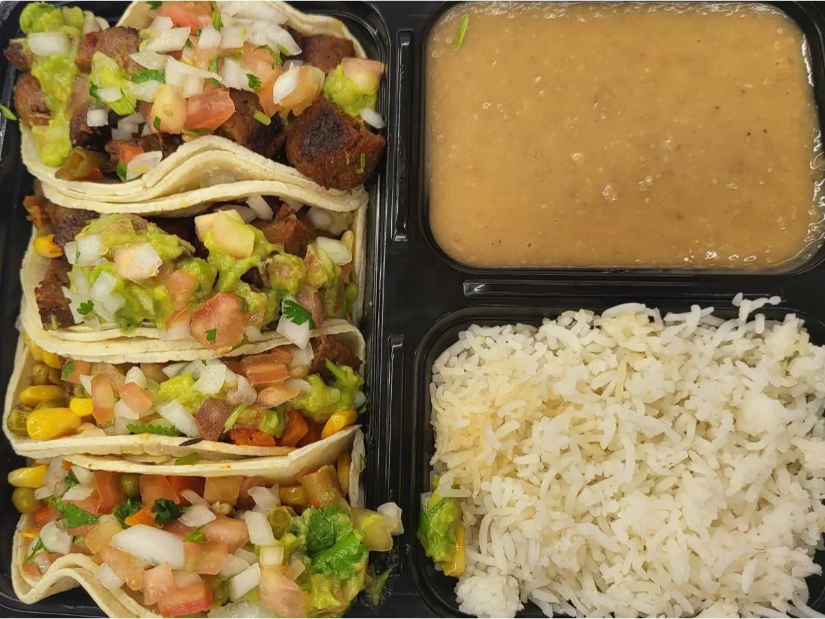 Dual Protein - Veggie Sausage and Grilled Tofu Tacos w/ rice & pintos Dual Protein - Veggie Sausage and Grilled Tofu Tacos w/ rice & pintos