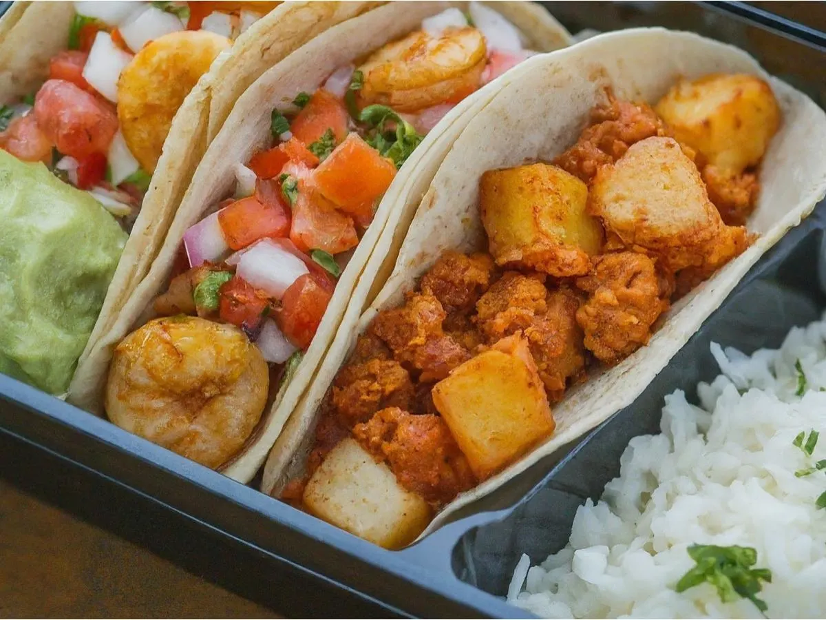 Dual Protein - Chorizo with Potato and Shrimp Tacos w/ rice & pintos Dual Protein - Chorizo with Potato and Shrimp Tacos w/ rice & pintos