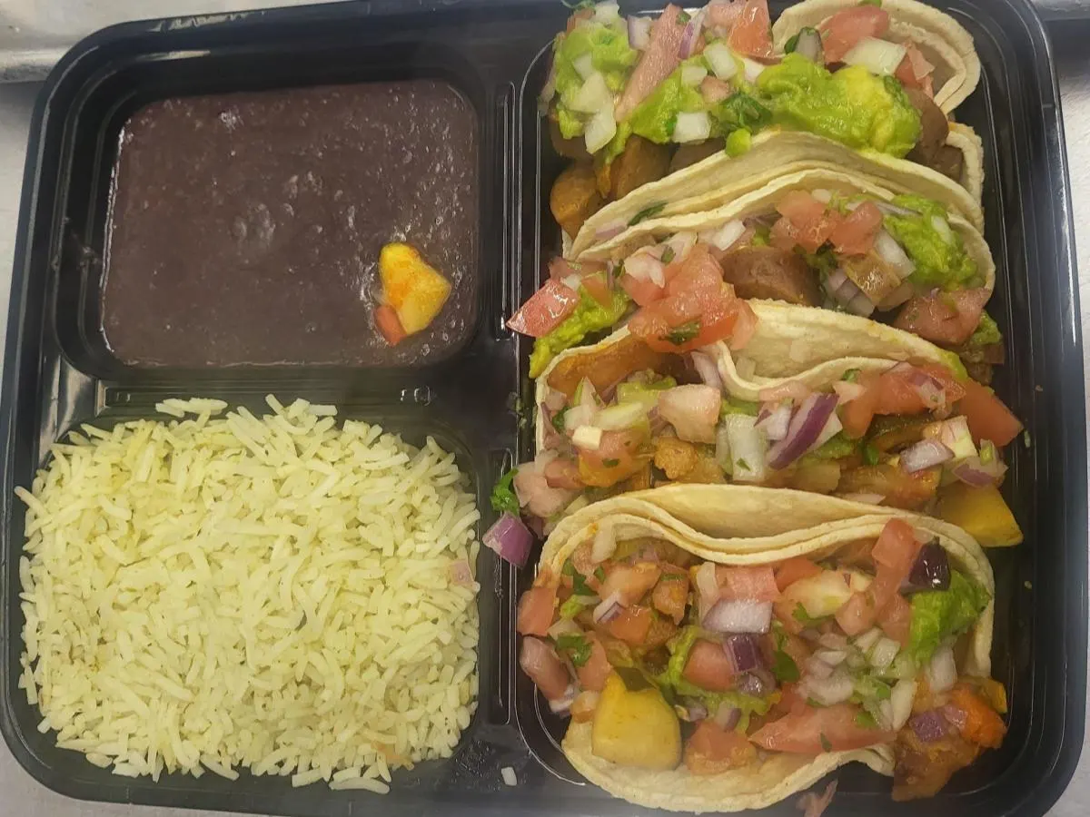 Dual Protein - Vegan Sausage and Roasted Veggies Tacos w/rice & black beans Dual Protein - Vegan Sausage and Roasted Veggies Tacos w/rice & black beans