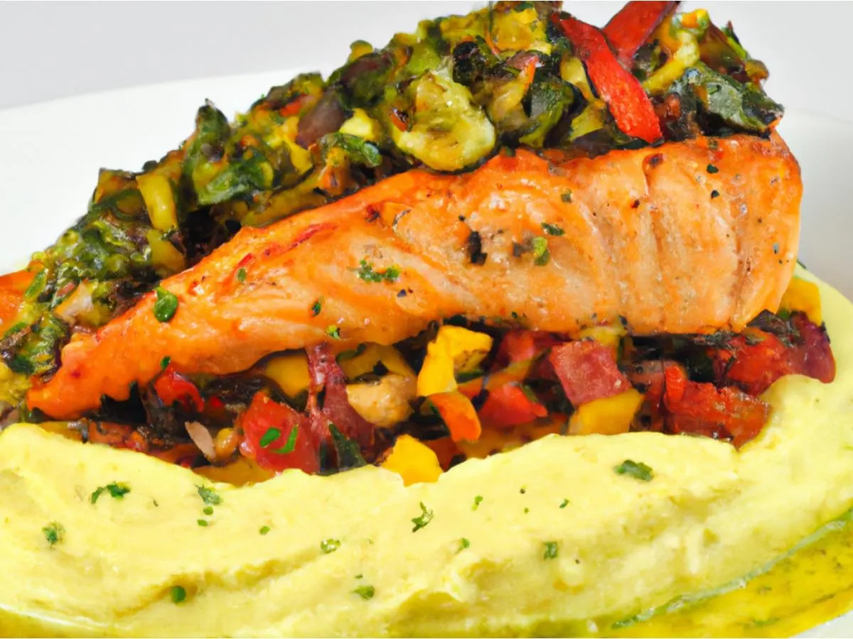 Salmon Chimichurri with Mashed Potatoes and Mixed Vegetables Salmon Chimichurri with Mashed Potatoes and Mixed Vegetables