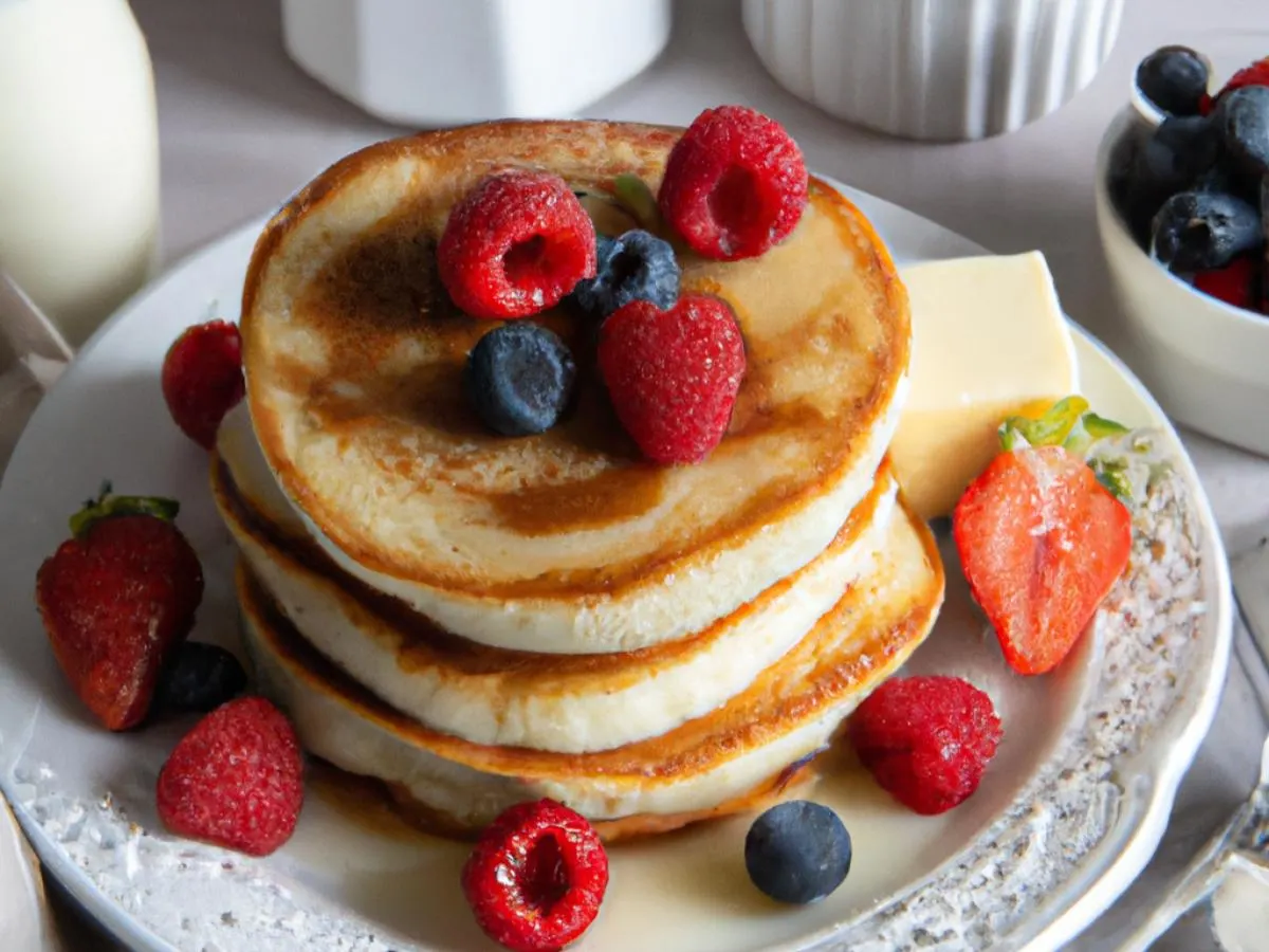 Fluffly Butermilk Pancakes Garnished with Berries Fluffly Butermilk Pancakes Garnished with Berries