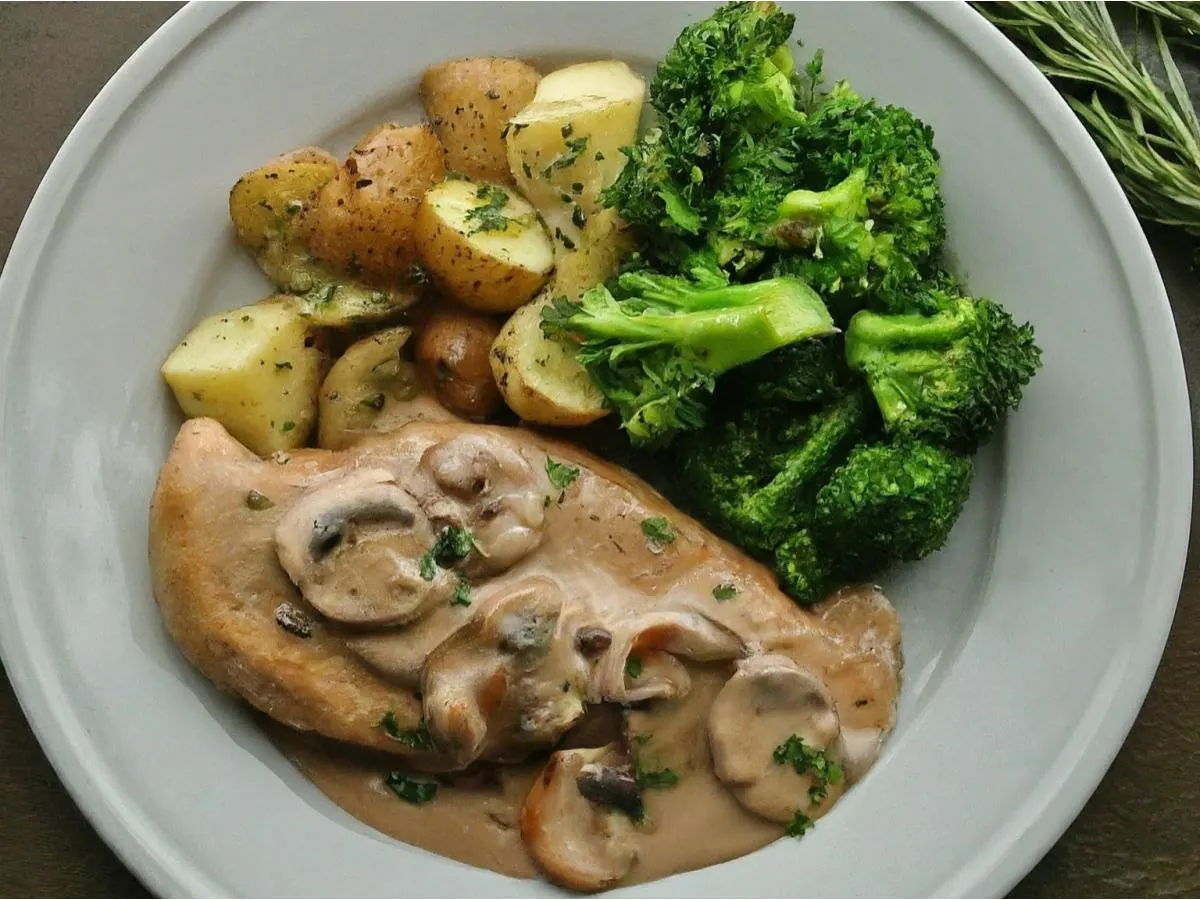 Wild Mushroom Chicken with Herb Roasted Potatoes and Sauteed Garlic Broccoli Wild Mushroom Chicken with Herb Roasted Potatoes and Sauteed Garlic Broccoli