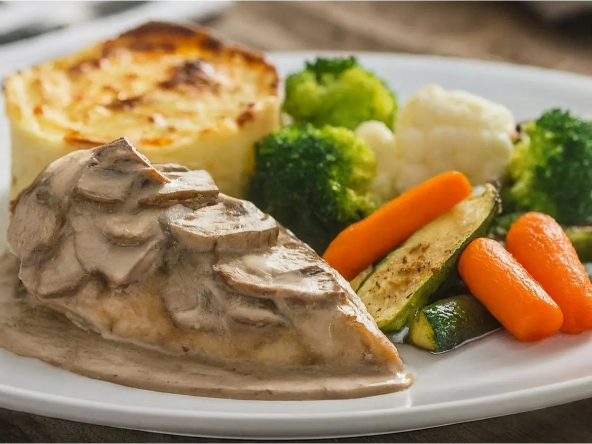 Wild Mushroom Chicken with Herb Roasted Potatoes and Roasted Vegetables Wild Mushroom Chicken with Herb Roasted Potatoes and Roasted Vegetables