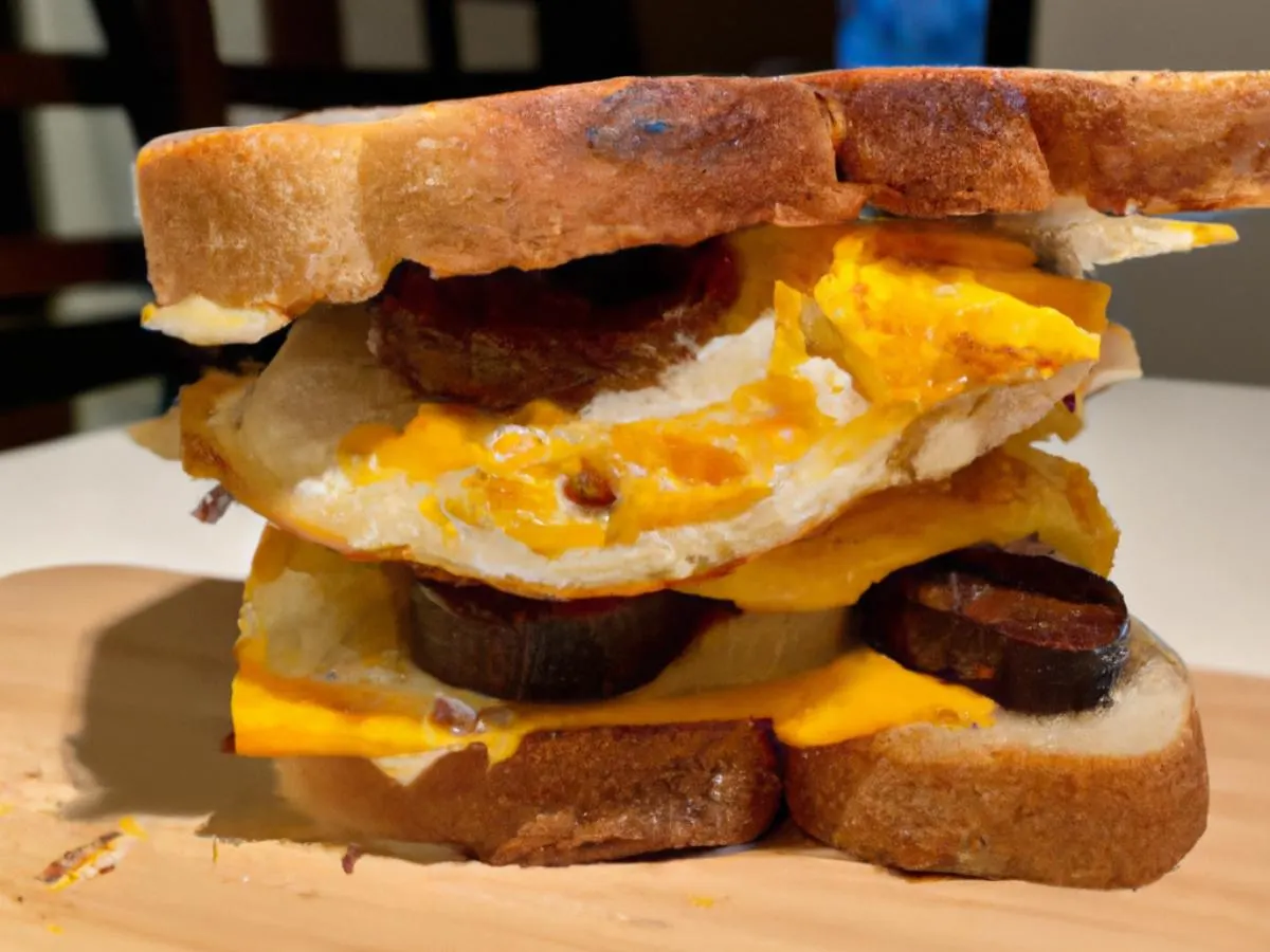 NY Style Egg Sandwich on Sliced Artisanal Bread w/ Pork Sausage Patty & Cheddar Cheese NY Style Egg Sandwich on Sliced Artisanal Bread w/ Pork Sausage Patty & Cheddar Cheese