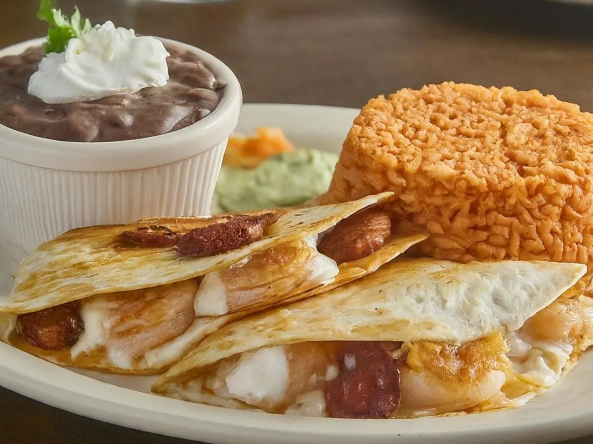 Boxed Shrimp and Chorizo Quesadilla With Rice and Beans