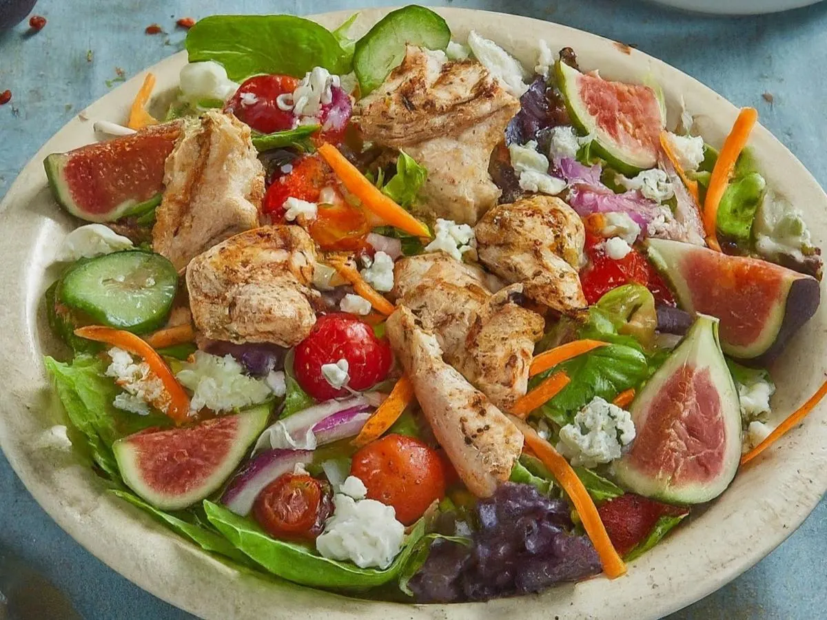 Santorini Salad with Chicken Souvlaki and Blue Cheese & Pita Santorini Salad with Chicken Souvlaki and Blue Cheese & Pita