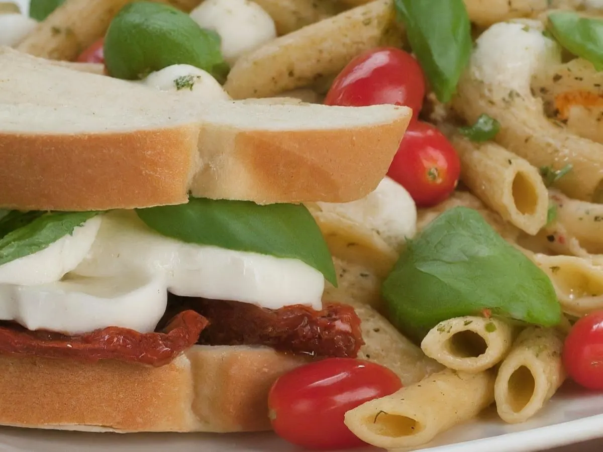 Vegetarian Sandwich with Penne Mozzarella Sun-Dried Tomato Pasta Salad Vegetarian Sandwich with Penne Mozzarella Sun-Dried Tomato Pasta Salad