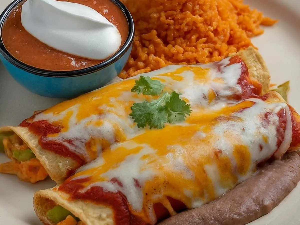 Pastor Enchiladas with Refried Beans and Mexican Rice