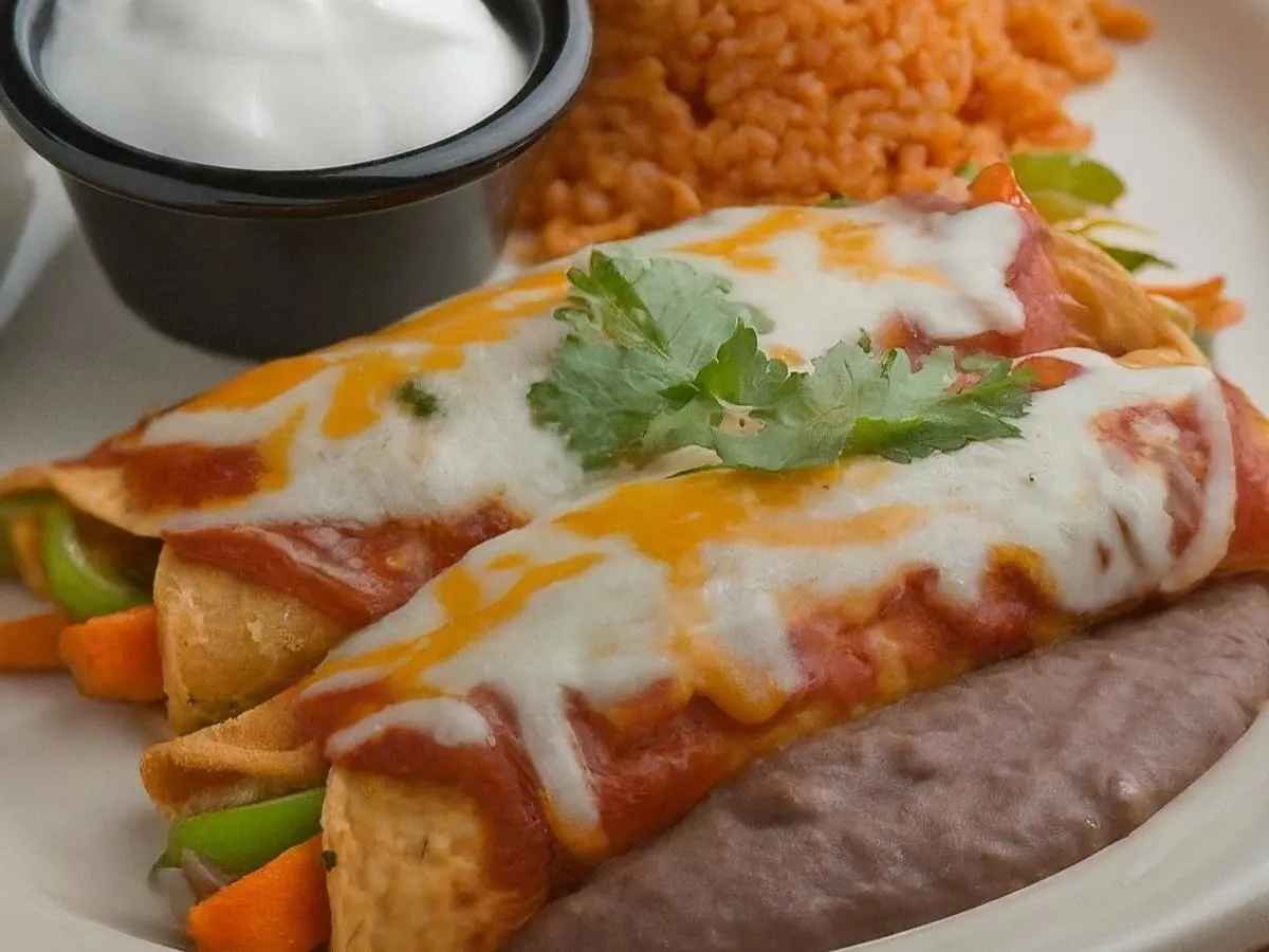 Vegetarian Enchiladas with Refried Beans and Mexican Rice