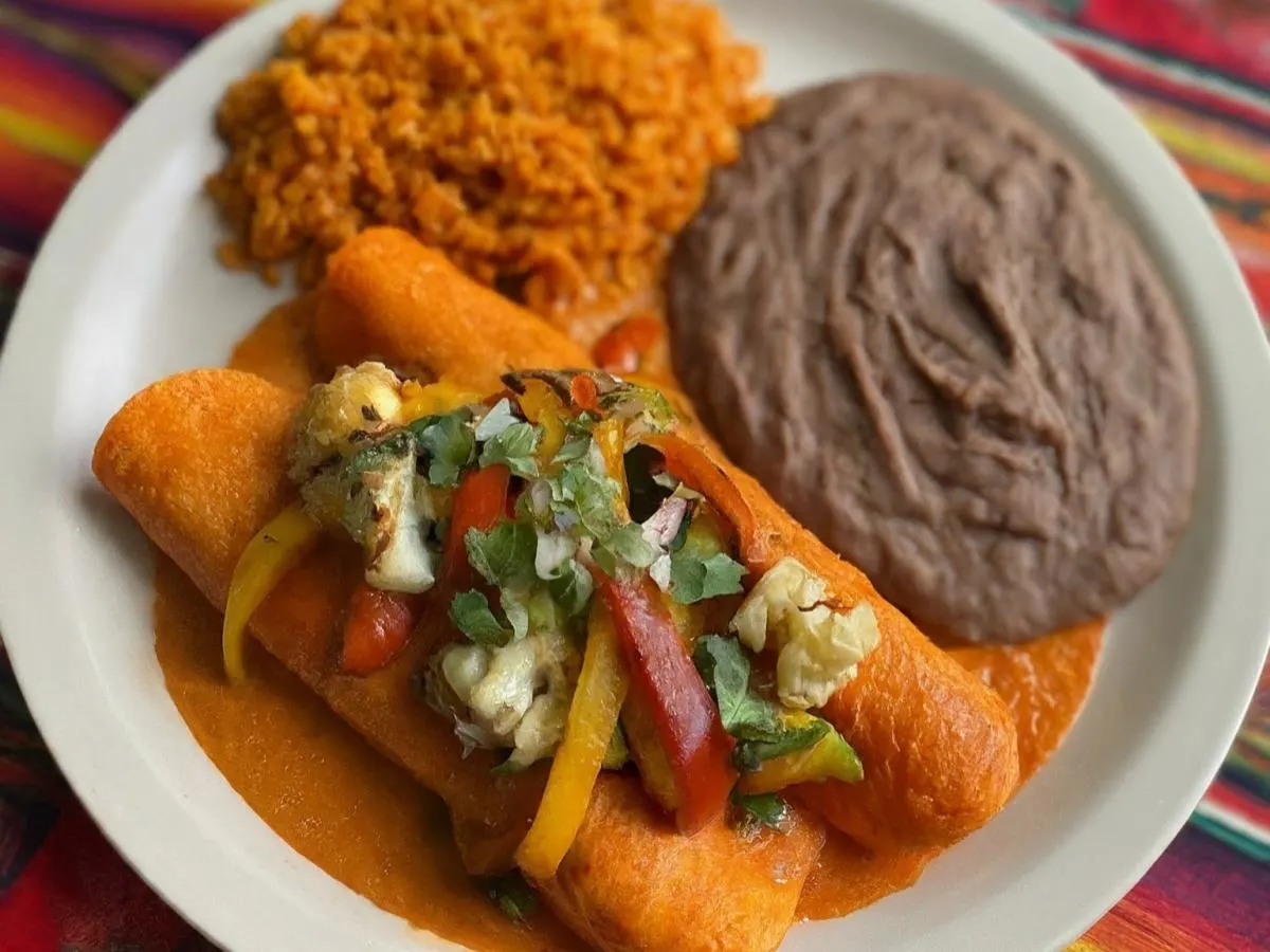 Vegan Enchiladas with Refried Beans and Mexican Rice