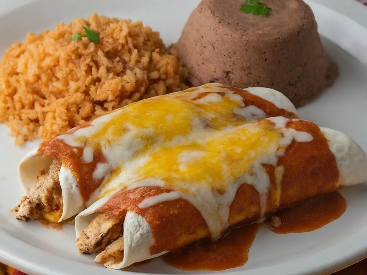 Dairy-Free Pollo Asado Enchiladas with Refried Beans and Mexican Rice