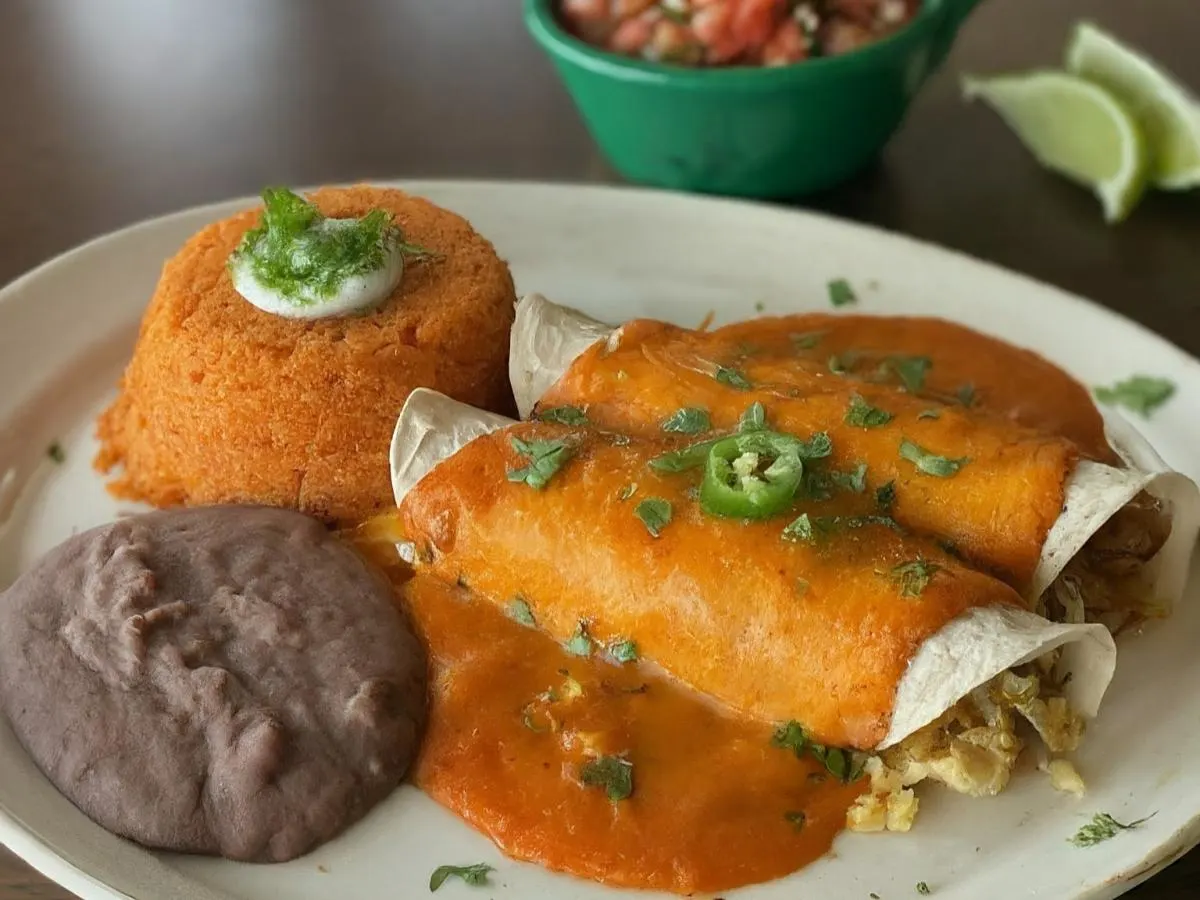 Vegan Impossible Enchiladas with Refried Beans and Mexican Rice