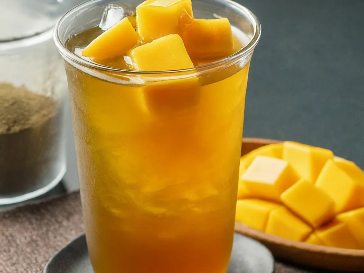 Hojicha Iced Tea (25% Sweet) with Mango Jelly Hojicha Iced Tea (25% Sweet) with Mango Jelly