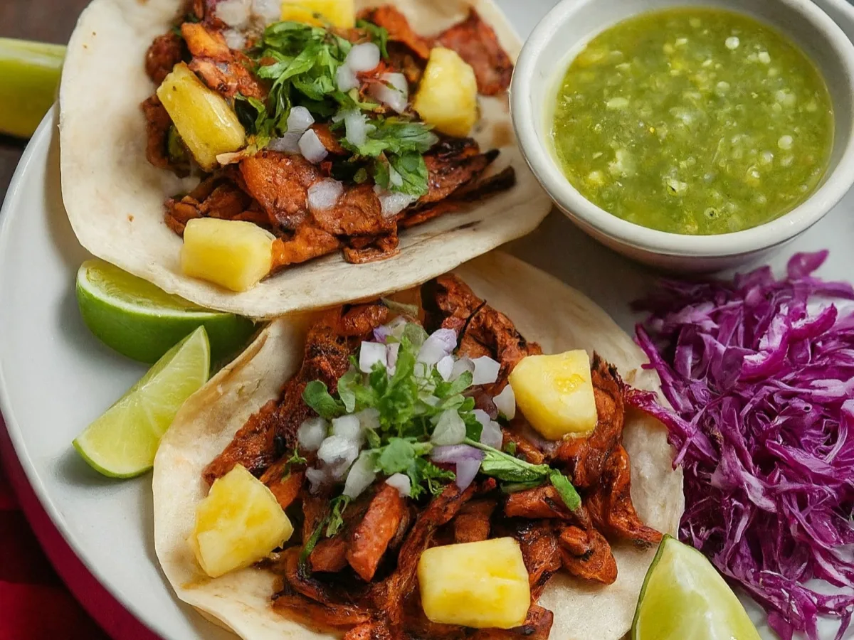 Pastor Tacos on Corn Tortillas with Red Cabbage Salad