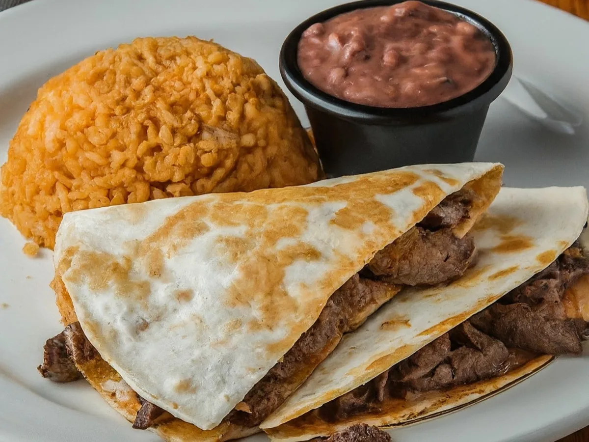 Boxed Steak Asada Quesadilla With Rice and Beans