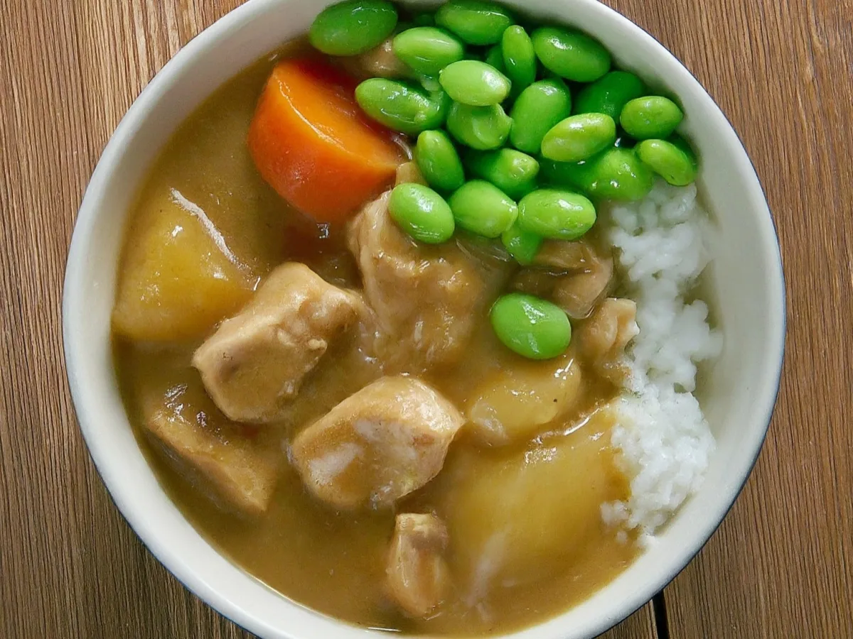 Japanese Cream Chicken Stew With Rice and Edamame