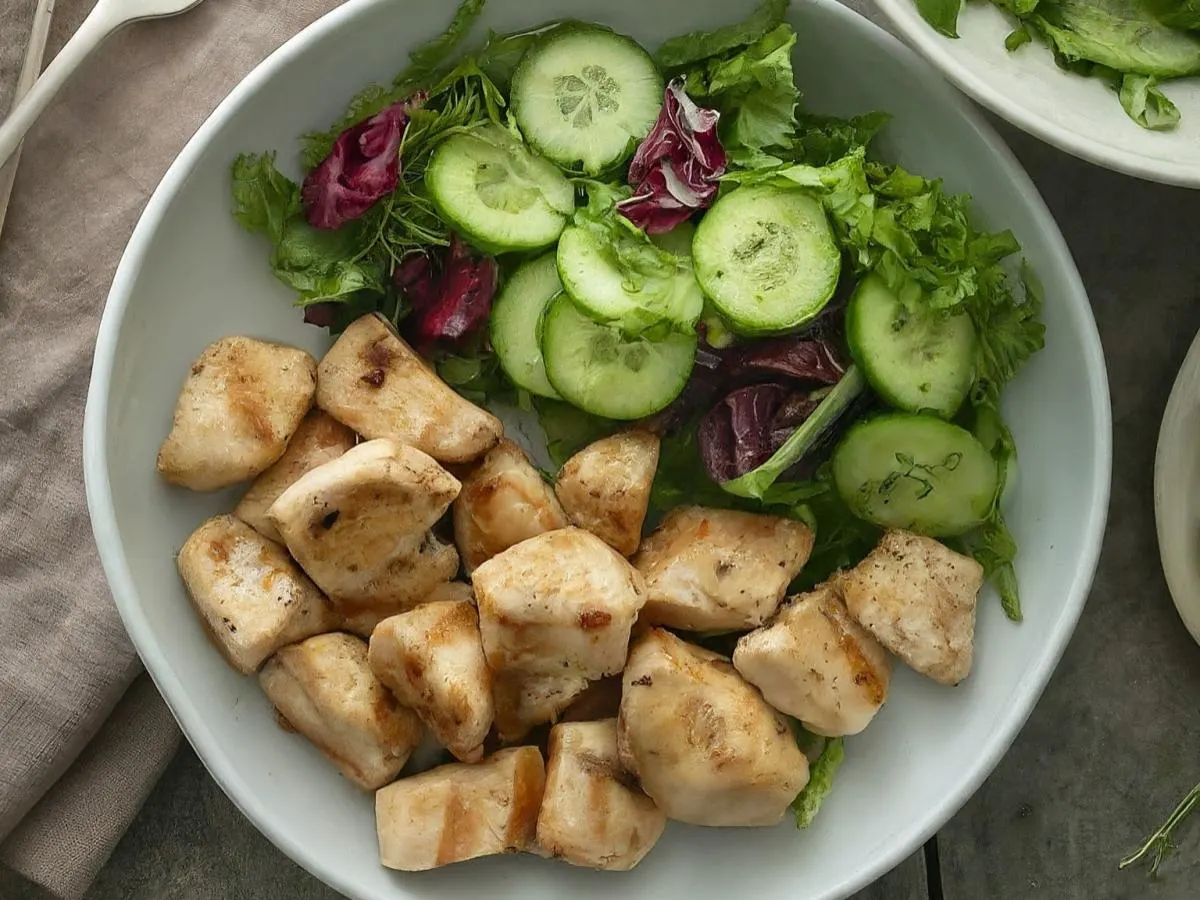 Light Carb Chicken Yakitori With Marinated Cucumber Salad and Mixed Greens