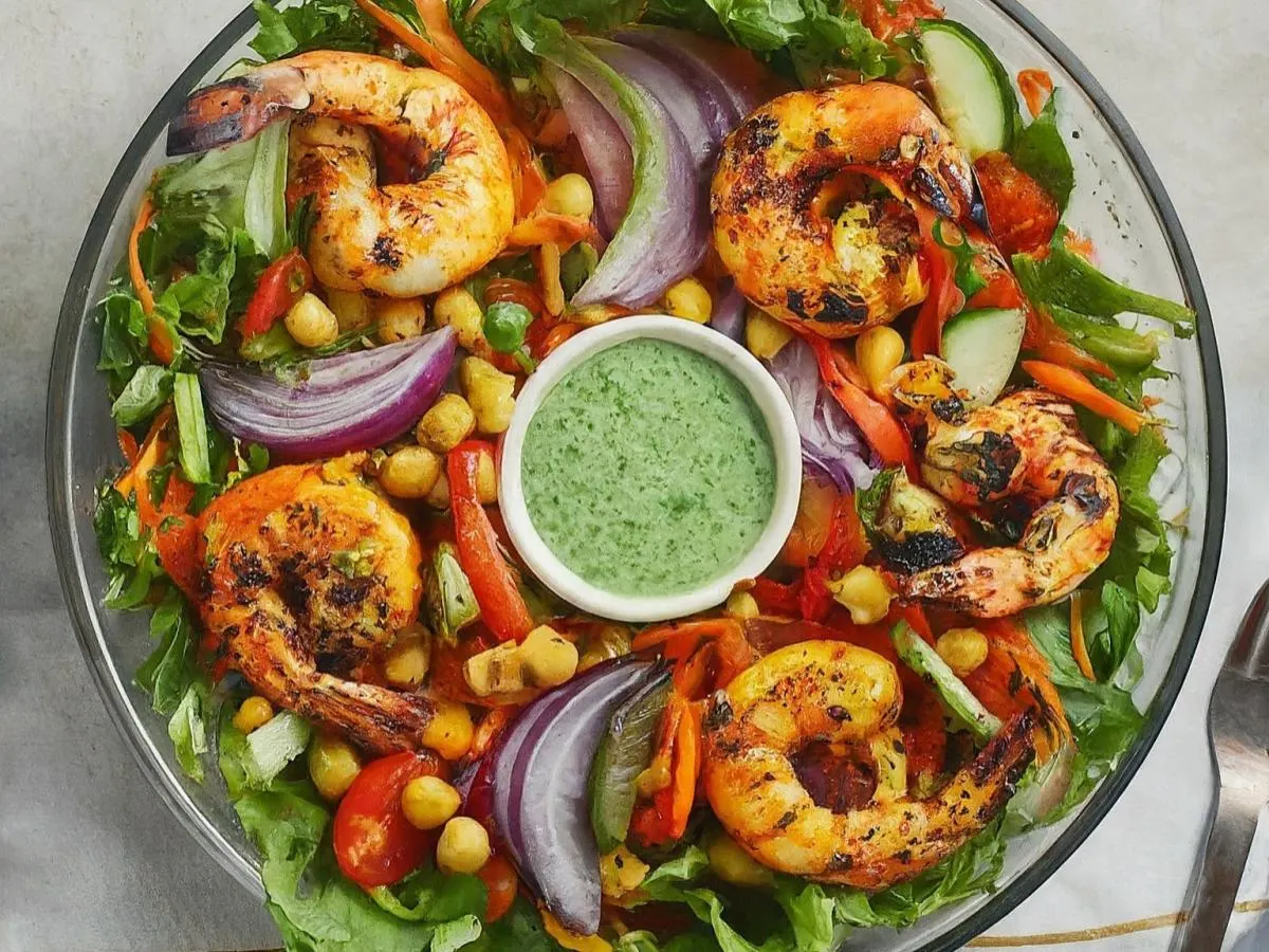 Tandoori Shrimp Entree Salad with Mint Chutney Yogurt Dressing Tandoori Shrimp Entree Salad with Mint Chutney Yogurt Dressing