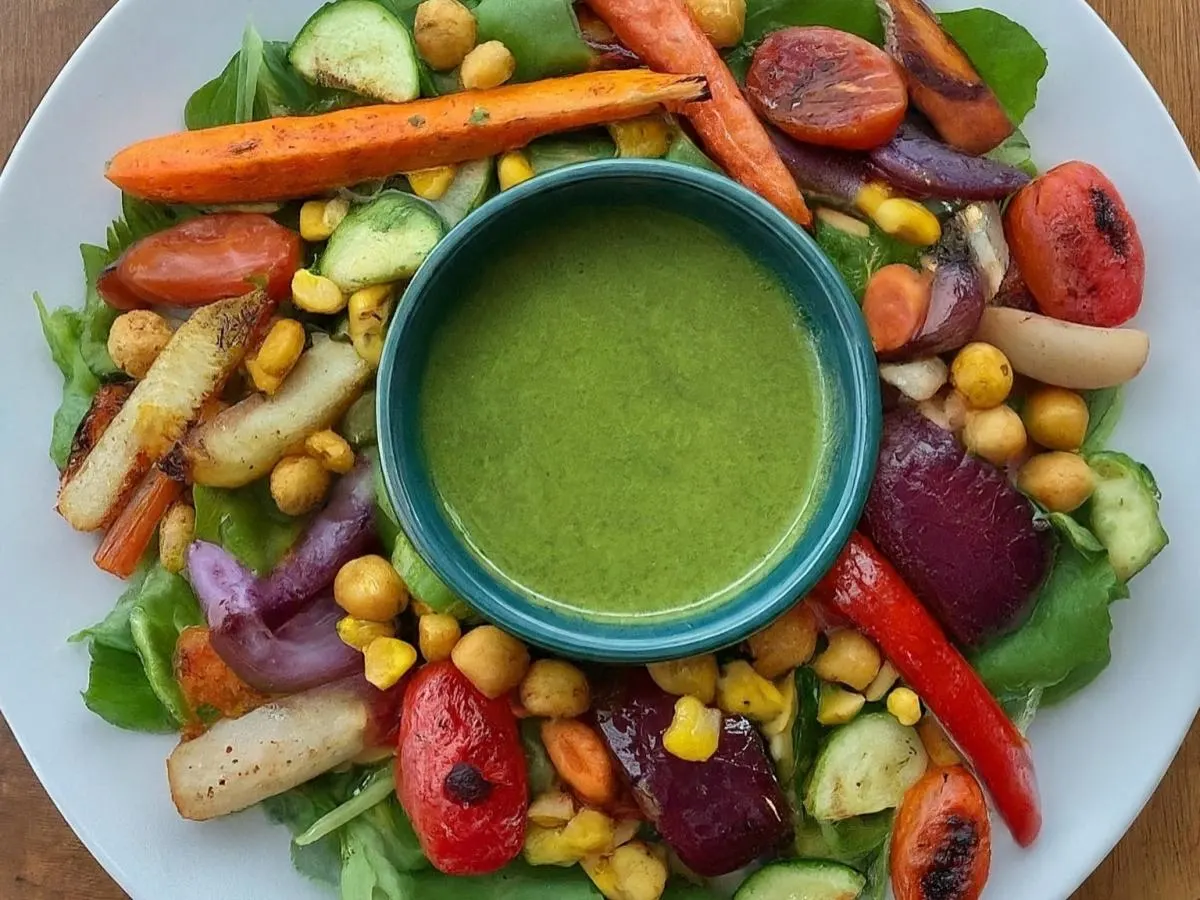 Roasted Veggie Entree Salads with Mint Chutney Dressing (Vegan) Roasted Veggie Entree Salads with Mint Chutney Dressing (Vegan)