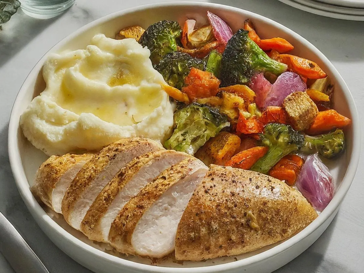 Lemon Roasted Chicken Breast with Roasted Veggies and Mashed Potatoes