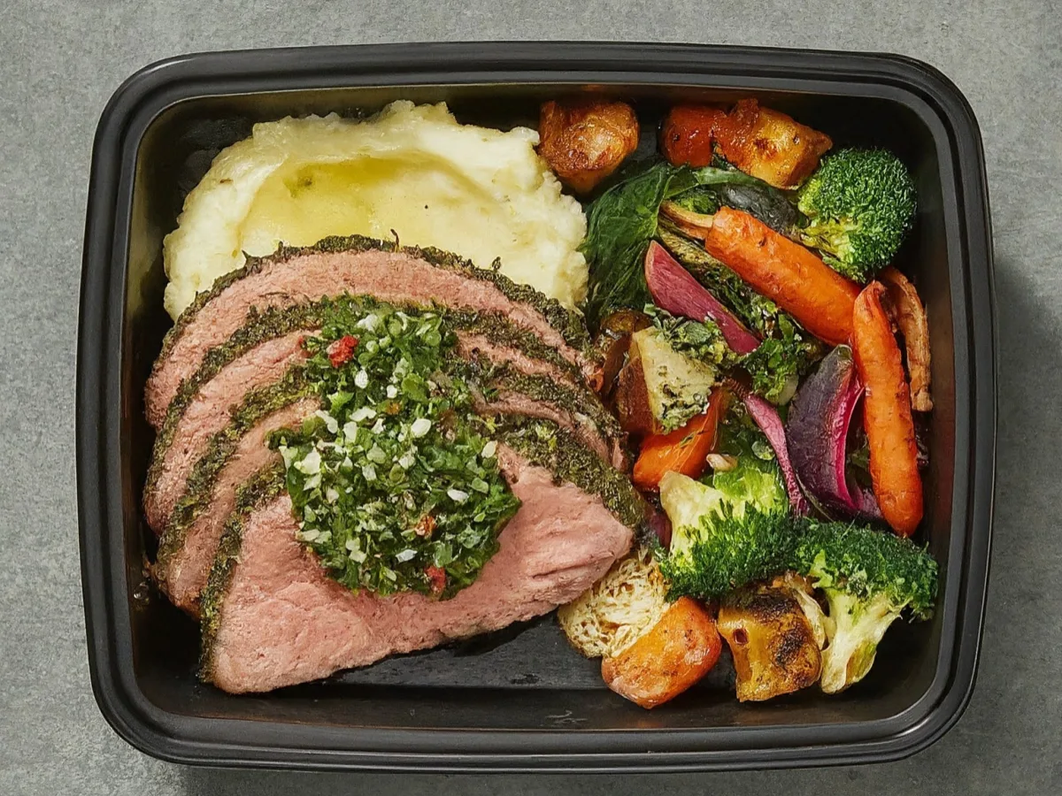 Herb Crusted Tri Tip with Mashed Potatoes and Roasted Veggies