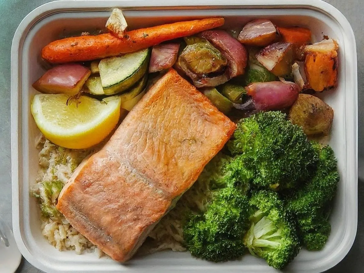 Pan Seared Salmon with Roasted Veggies and Rice Pilaf