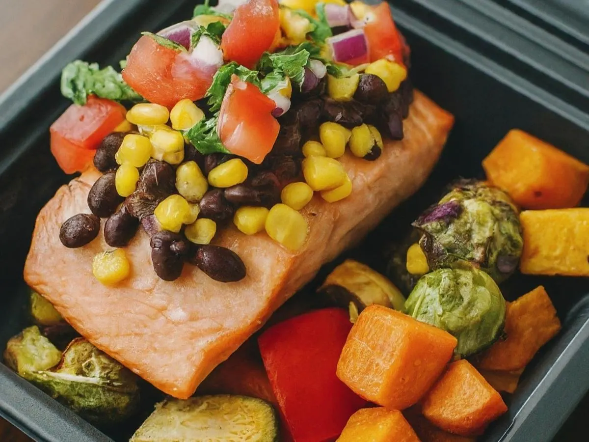 Light Carb Pan Seared Salmon with Roasted Veggies