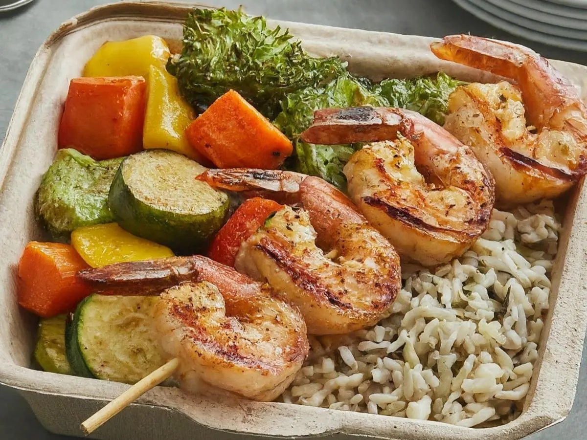 Grilled Garlic Shrimp Skewer with Roasted Veggies and Rice Pilaf