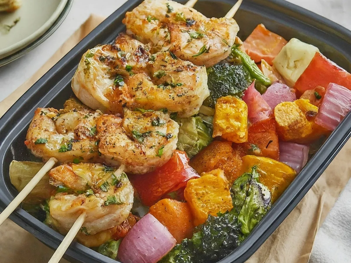 Light Carb Grilled Garlic Shrimp Skewer with Roasted Veggies
