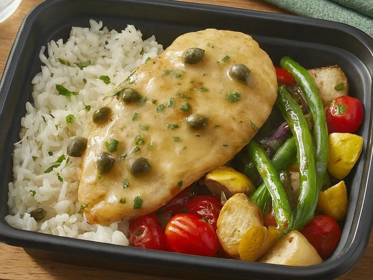 Chicken Piccata with Rice Pilaf and Herb Roasted Veggies Chicken Piccata with Rice Pilaf and Herb Roasted Veggies