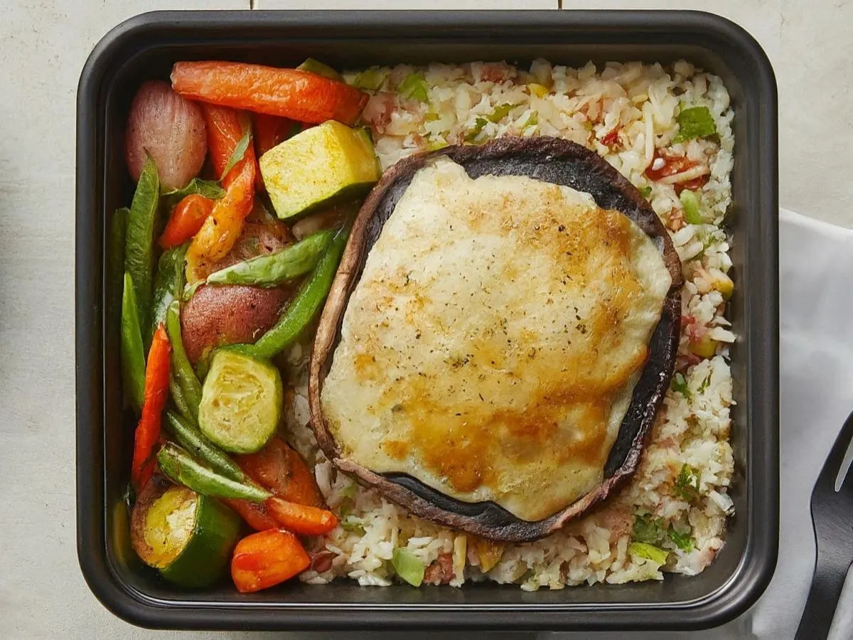 Portobello Napoleon with Rice Pilaf and Roasted Veggies Portobello Napoleon with Rice Pilaf and Roasted Veggies