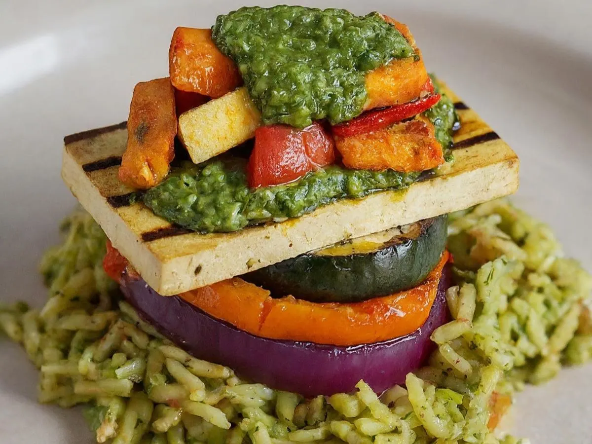 Vegan Grilled Tofu + Roasted Vegetables Stack with Rice Pilaf Vegan Grilled Tofu + Roasted Vegetables Stack with Rice Pilaf
