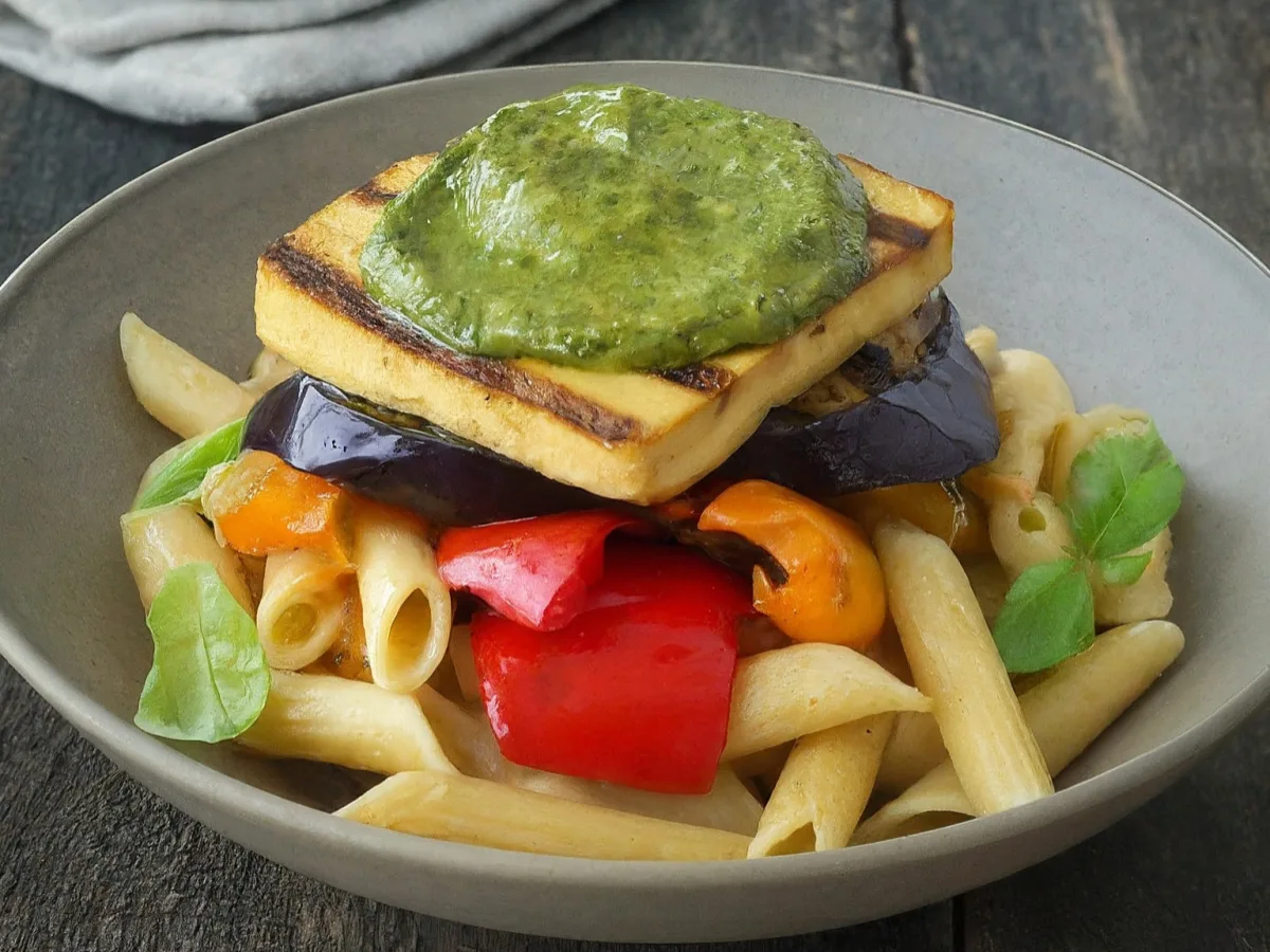 Grilled Tofu + Roasted Vegetables Stack with Penne Pasta Grilled Tofu + Roasted Vegetables Stack with Penne Pasta