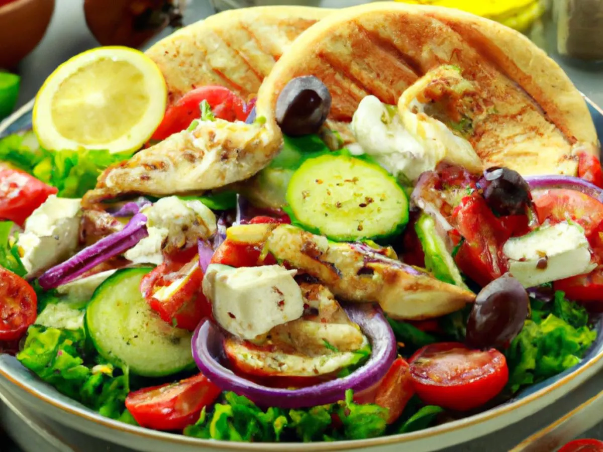 Greek Salad with Grilled Chicken and Lemon Oil & Pita Greek Salad with Grilled Chicken and Lemon Oil & Pita