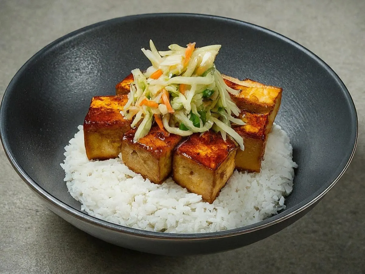 Hawaiian Style BBQ Fried Tofu with Rice + Ginger Slaw