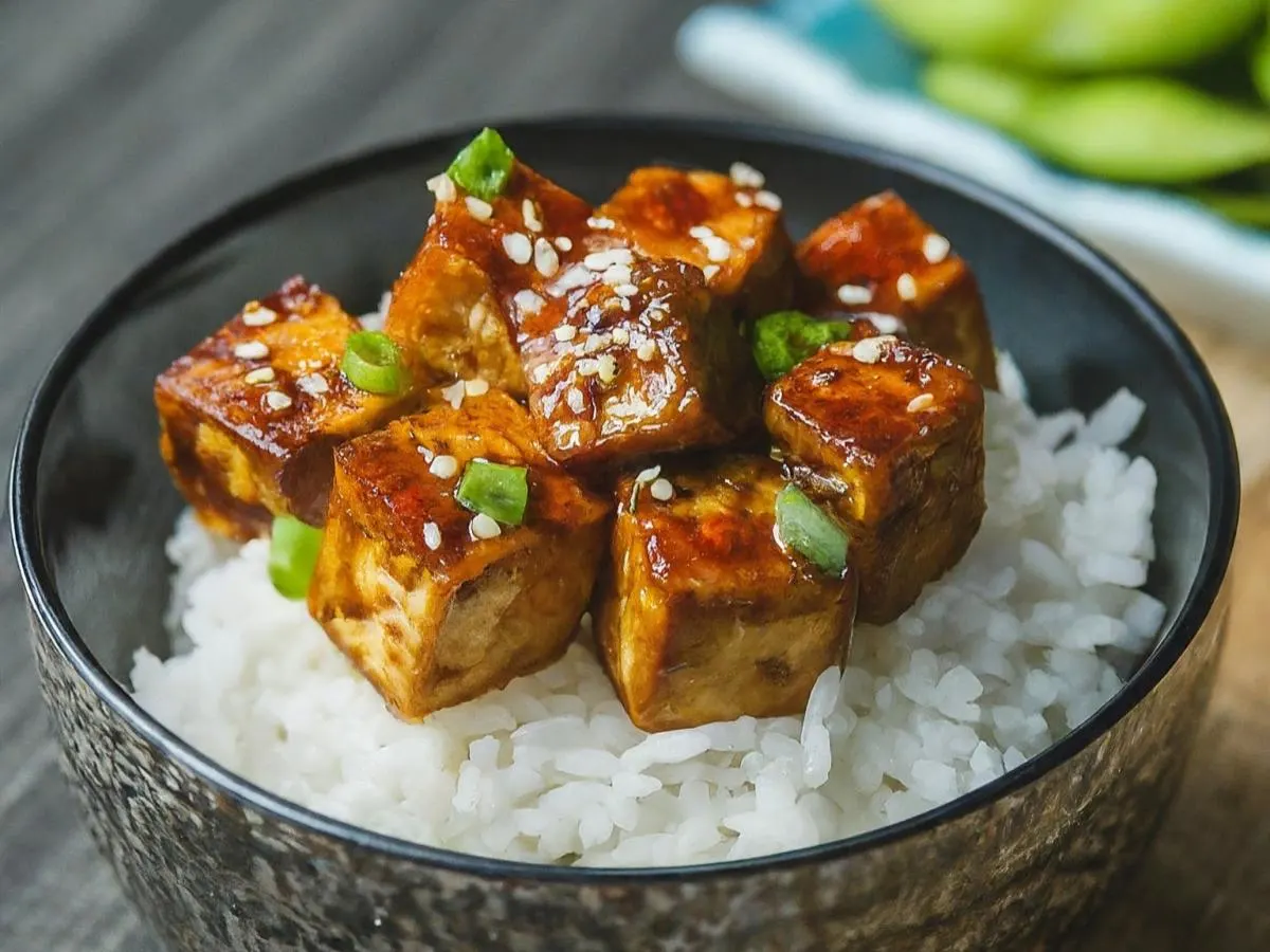 Hawaiian Style BBQ Fried Tofu with Rice + Edamame