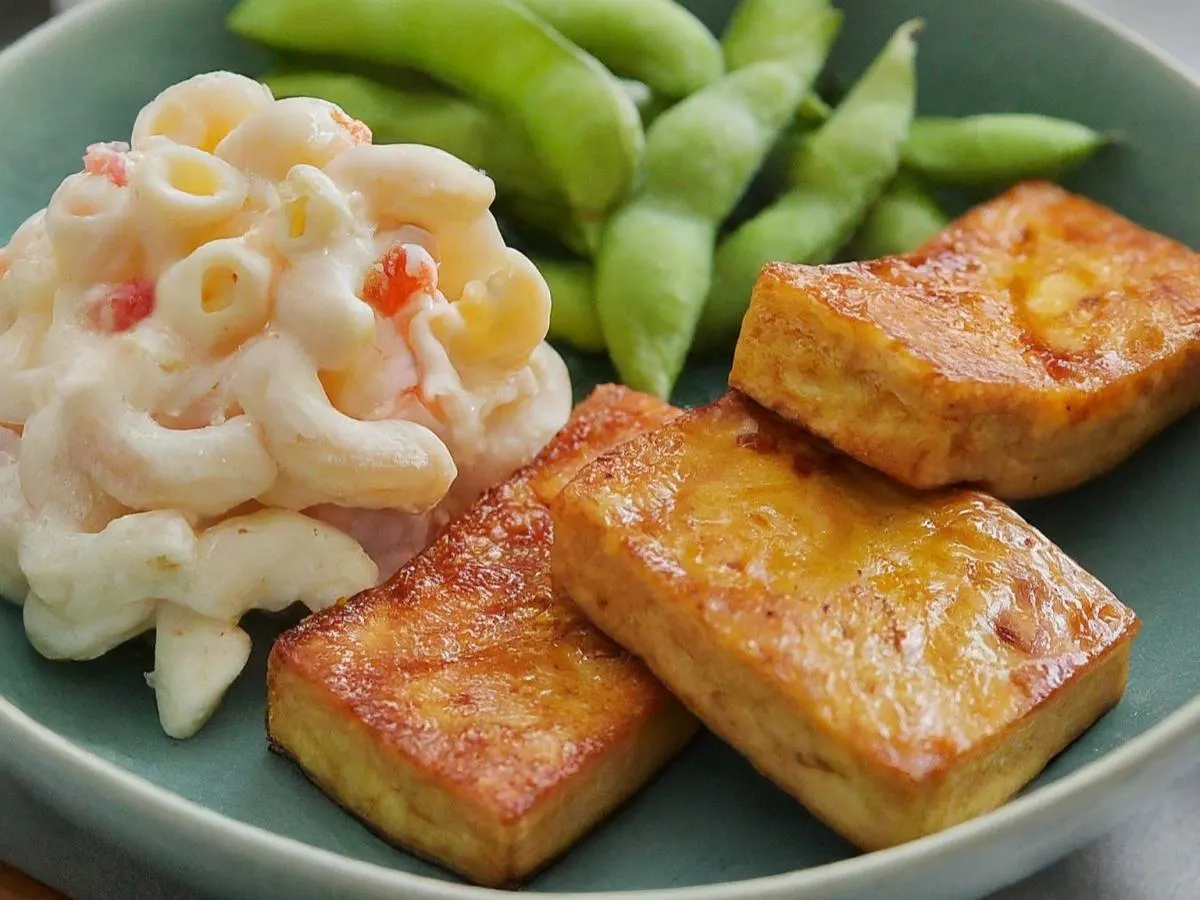 Hawaiian Style BBQ Fried Tofu with Mac Salad + Edamame