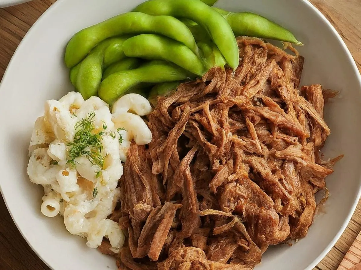Hawaiian Kalua Pull Pork with Mac Salad + Edamame